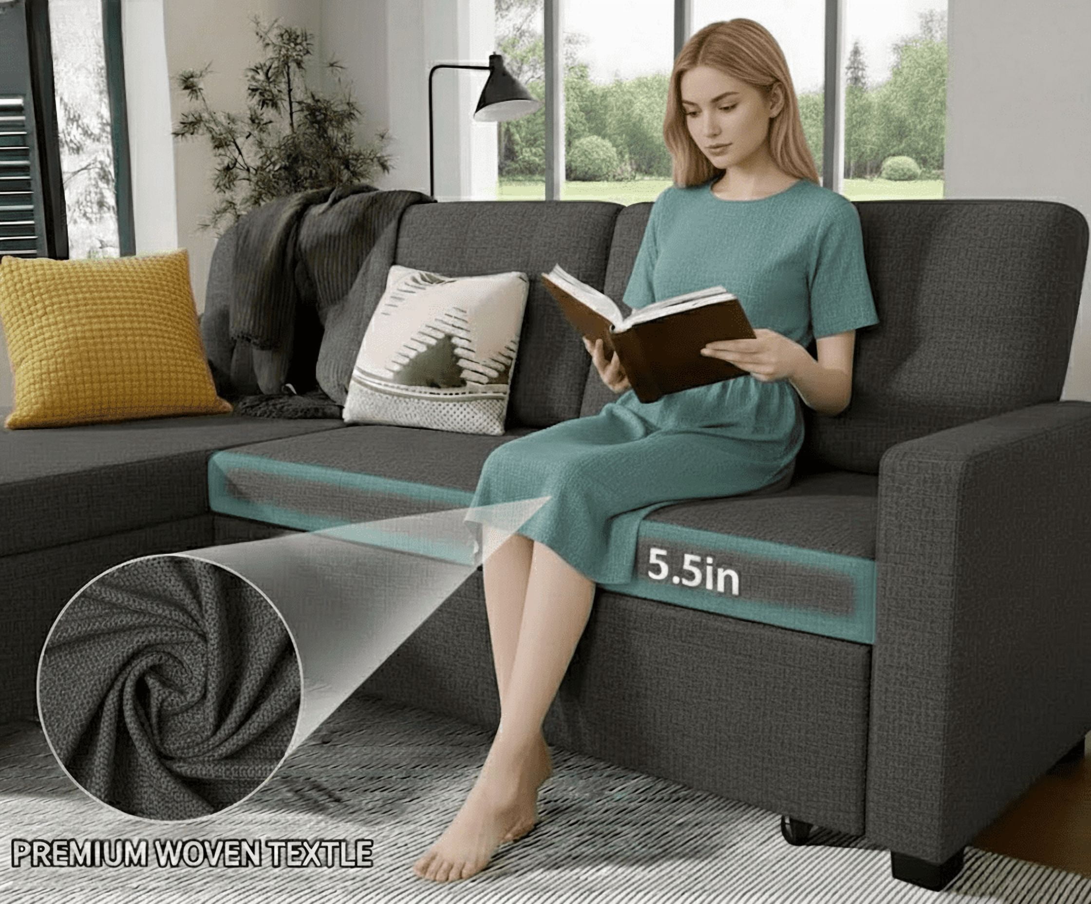 Howcool 82" Sectional Sofa Bed, L-Shaped Sleeper Pull Out Couch with Storage Chaise & USB Charging Ports, Linen Fabric for Small Apartment Living Room,Dark Grey(Thick Sponge)