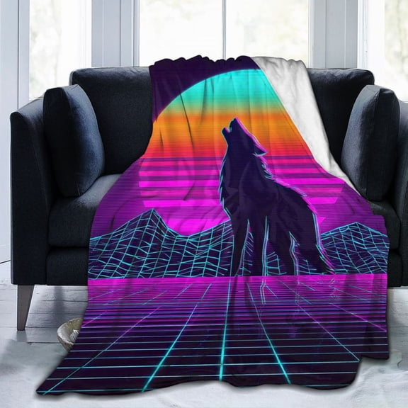 Retro Synthwave Wolf Throw Blanket, 80s Neon Sunset Art Soft Flannel Fleece, Vaporwave Aesthetic Decor for Bedroom and Gaming Room 50x40