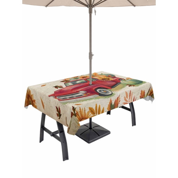 Outdoor Tablecloth with Umbrella Hole and Zipper, Red Truck Fall Rectangle Table Cloth 60x120 Inch Waterproof Tablecloth, Pumpkins Thanksgiving Sunflower Retro Botanical Picnic Table Cover for Patio