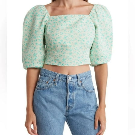 Levi's Women's Yvie Puff 3/4 Sleeve Cropped Blouse - (Electric Green Floral, Medium)