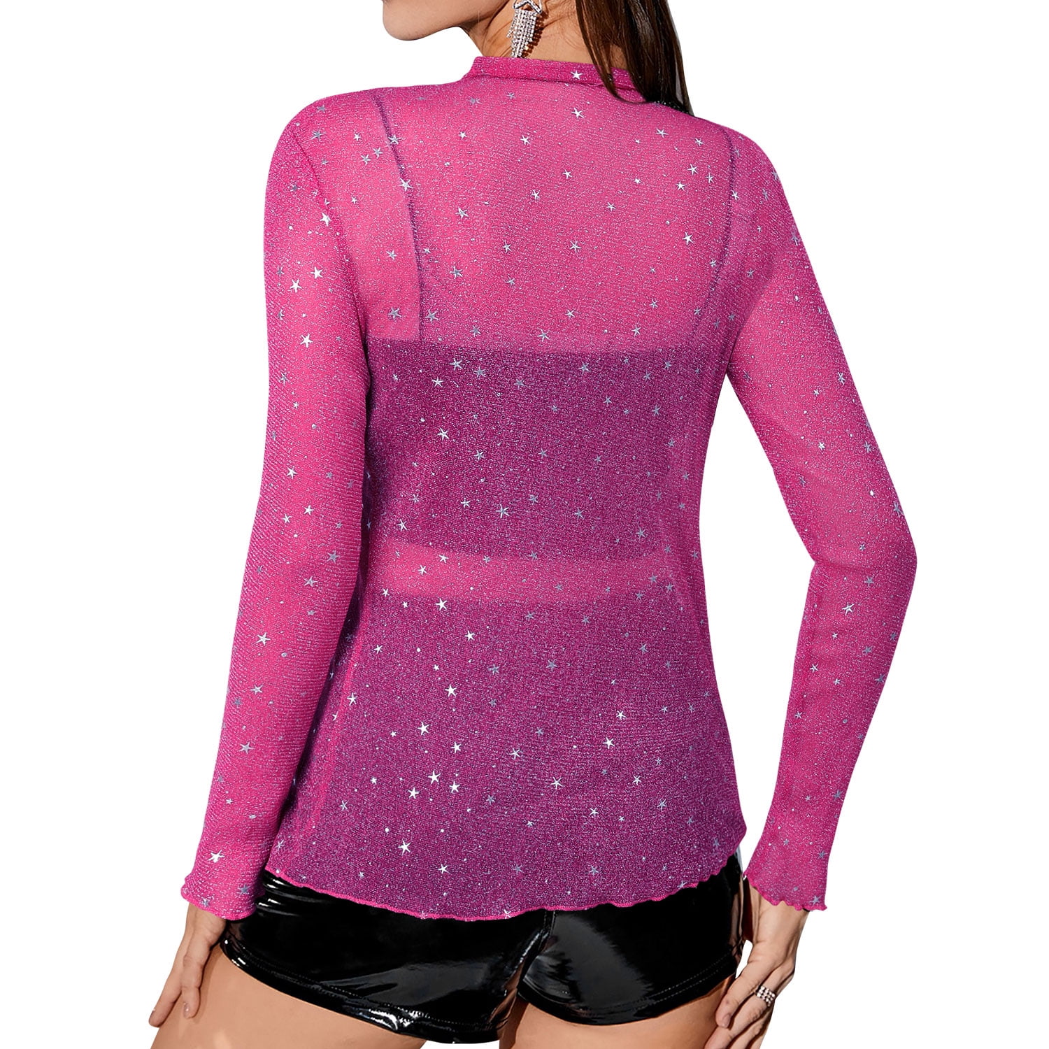 ZXSXSY Glitter Star Sheer Mesh Top for Women Short Long Sleeve