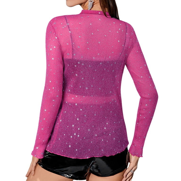 ZXSXSY Glitter Star Sheer Mesh Top for Women Short Long Sleeve