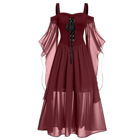 

Medieval Costume Women Butterfly Sleeve Maxi Dress Cold Shoulder Steampunk Corset Dress for Women Gothic Ball Gown