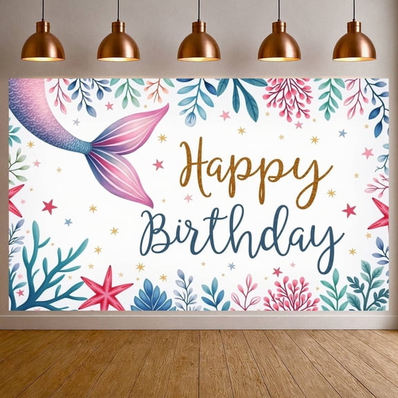 Colorful Banner Mermaid-themed Underwater Backdrop Starfish Watercolor Style Ocean Birthday Background for Birthday Party Kids Party Mermaid Party
