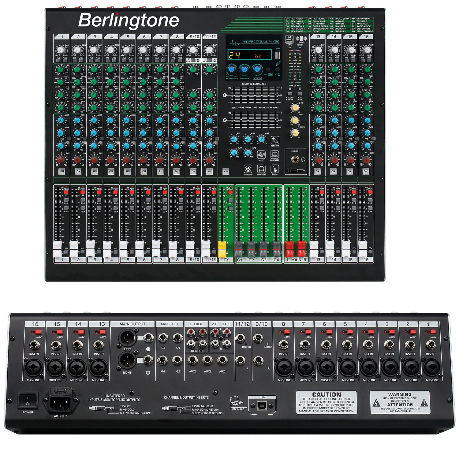 Berlingtone BR-216MX,16-Channel Professional Bluetooth Audio Mixer, PC Recording, 24 DSP Effects,48V Phantom Power,14 Microphone Jack, 2 Stereo Input Soundboard,14 band EQ, RCA Input/Output, Unpowered