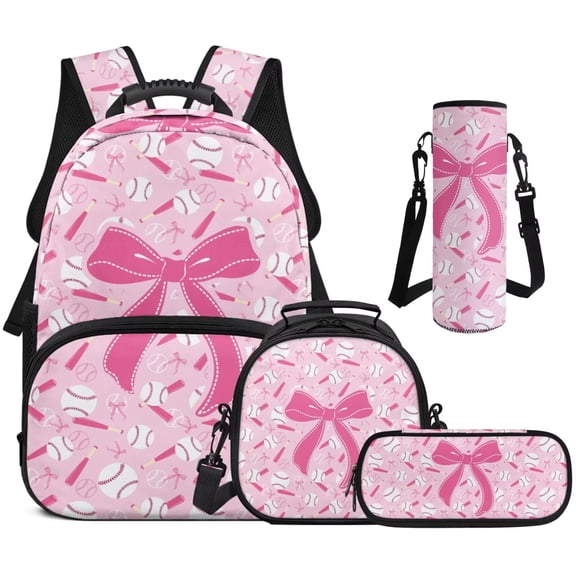Aplkyhs Pink Bow Baseball Kids Backpack Set of 4 with Lunch Box Pencil Case and Water Bottle Carrier Includes Schoolbag with Front Pocket Elementary School Girls