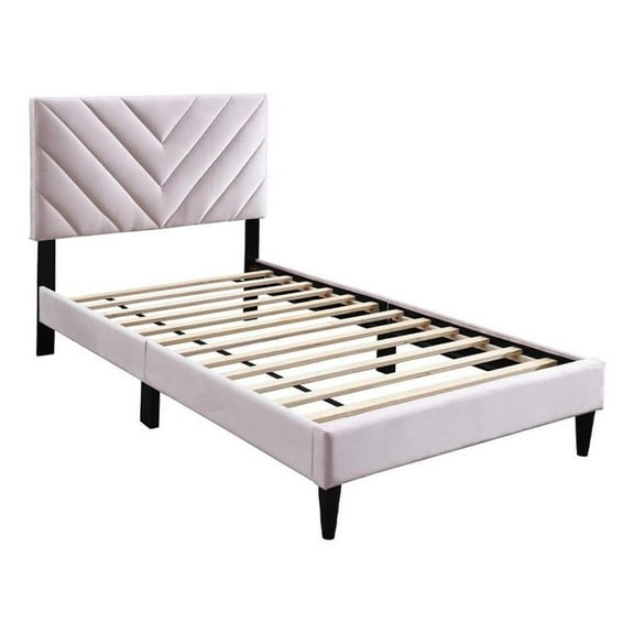 Lilian Twin Bed- Tufted Light Pink Velvet Upholstery- Chevron Stitch