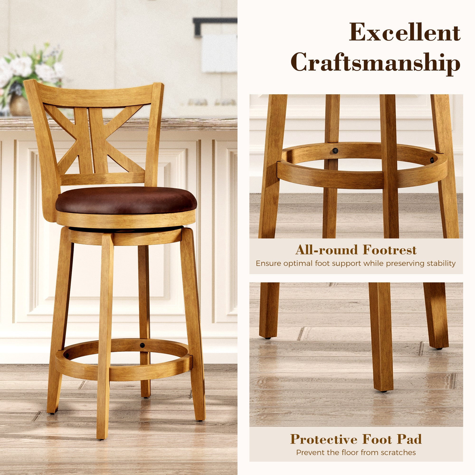 MF Studio 26" Counter Height Bar Stool with Back, Wood Swivel Bar Stool with K-Shaped Back & Extra Large Seat, Teak Color