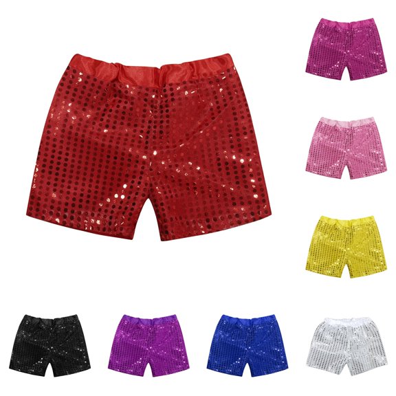 SUXIAN Kid Shorts Sparkly Sequins Multicolor Elastic Waist Birthday Party Stage Dance Unisex Bottoms Kids Shorts Red 2-3 Years