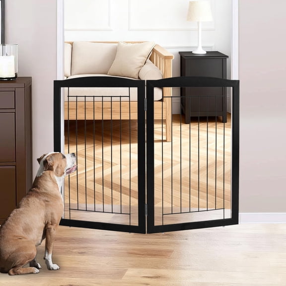 Freestanding Foldable Dog Gate For House Extra Wide Wooden Indoor Puppy Stairs Doorways Pet Tall Fence 2 Panels Black