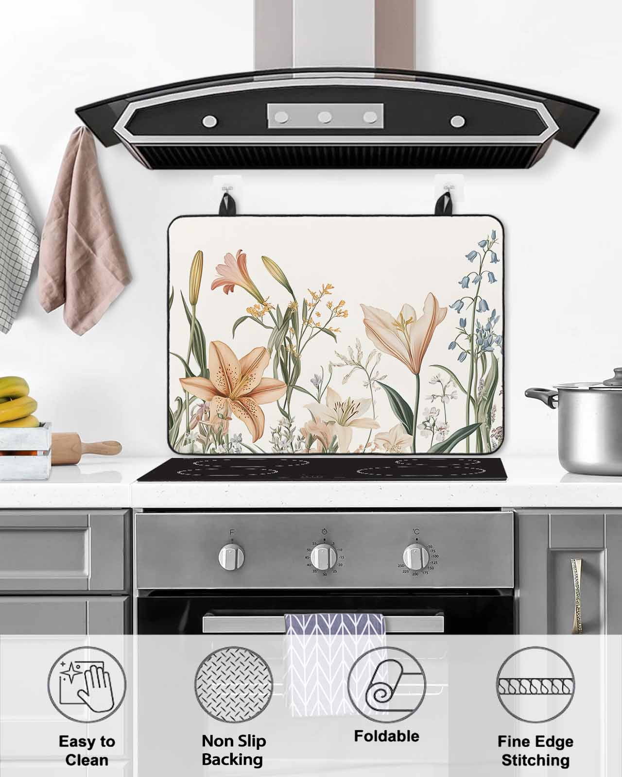 nqOlkjepod Large Induction Cooktop Protector Mat 36"x21", Botanical Flower Stove Top Covers for Electric Stove, Spring Watercolor Blooms Leaf Plant Stove Burner Cover Mats, Glass Top Stove Cover