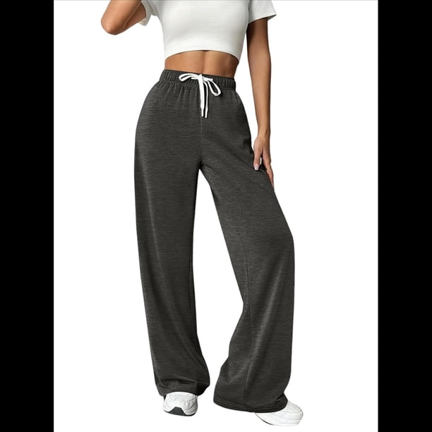 Pantalones Deportivos Holgados de Cintura Alta con Cordón Ajustable para Mujer, Pantalones Deportivos de Pierna y Bolsillos Gris Oscuro XL