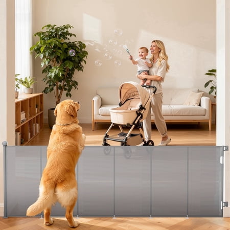 TULILLO Retractable Adjustable Auto-Lock Metal Indoor Baby Safety Gate, 42in Tall x 120in Wide, Gray(Drill Needed)