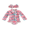 thumbnail image 1 of Kids Girls Rash Guard Swimsuit Romper Flamingo/Flower Print Zipper Long Sleeve Sun Protection Bathing Suit with Headwear, 1 of 7
