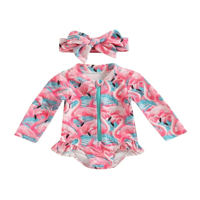 Kids Girls Rash Guard Swimsuit Romper Flamingo/Flower Print Zipper Long Sleeve Sun Protection Bathing Suit with Headwear