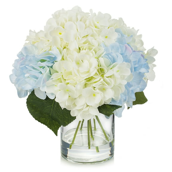 Enova Home Artificial Silk Hydrangea Flower in Cylinder Glass Vase, Fake Floral Arrangement in Vase with Faux Water (Blue Cream)