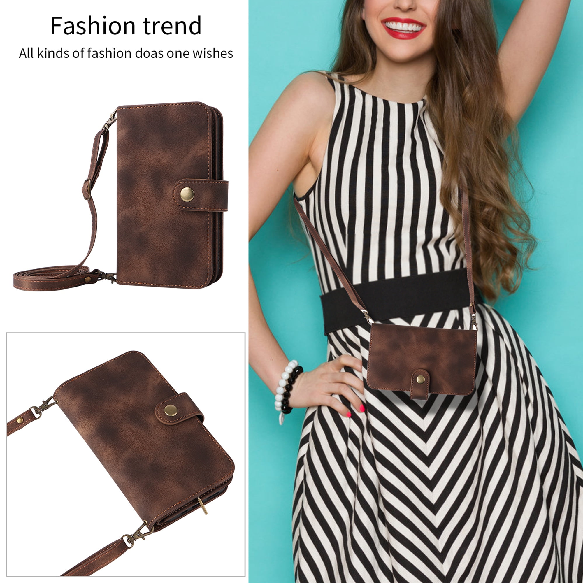 Dteck for Apple iPhone 14 Pro 6.1 inch Wallet Case for Women Men, Sturdy PU Leather Case Magnetic Flip Zipper 7 Cards Holder Wristlet & Shoulder Strap Kickstand Phone Case, Brown
