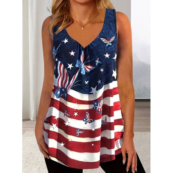 Plus Size Women 4th of July Patriotic Tank Top V Neck Star Stripe Butterfly Print Sleeveless Loose Summer Casual Vest