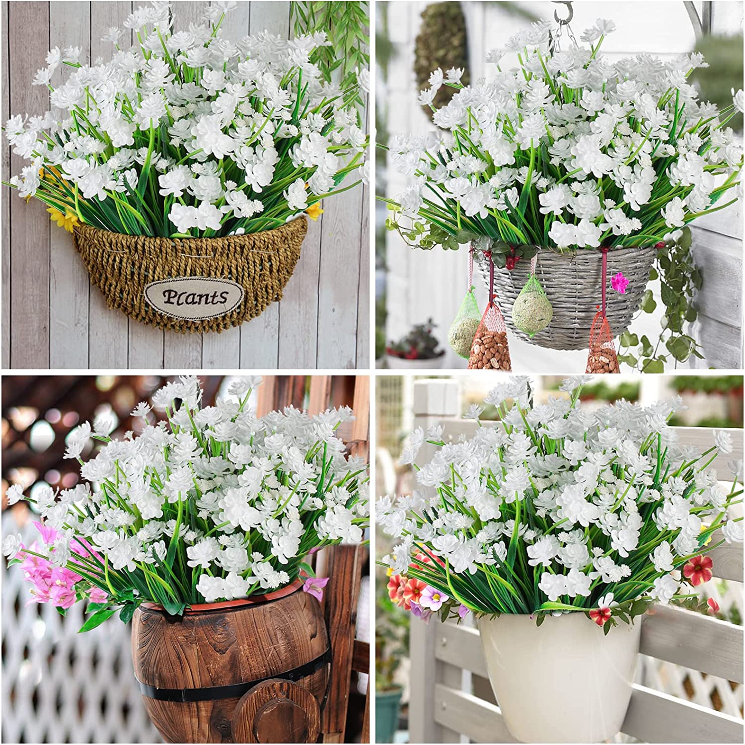Morttic Artificial Flowers for Outdoors Plastic UV Resistant Faux Flowers Decoration Greenery Garden Shrubs，Bulk Fake Flowers in Vase (White 4pcs)