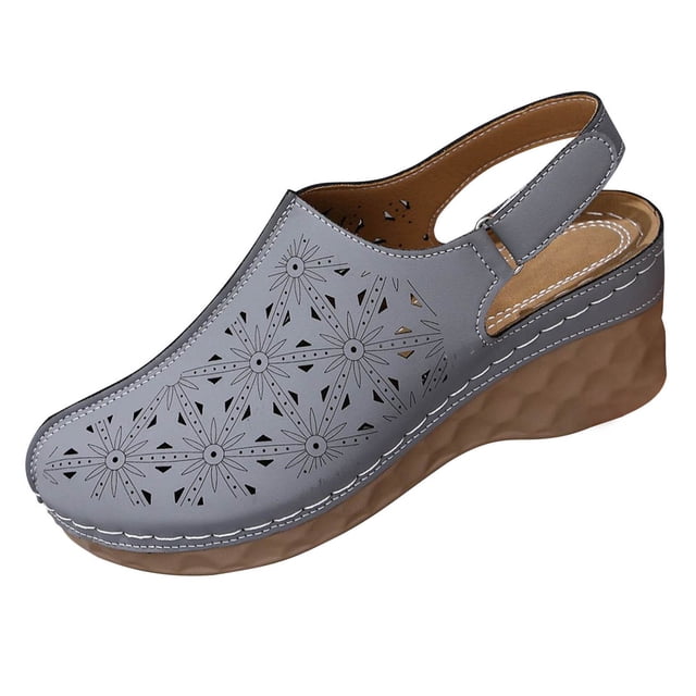WLOELOEW Gray Platform Sandals For Women Hollow Out Design Adjustable Strap Pu Material Foot Length 9.06 Inches Us Size 5.5
