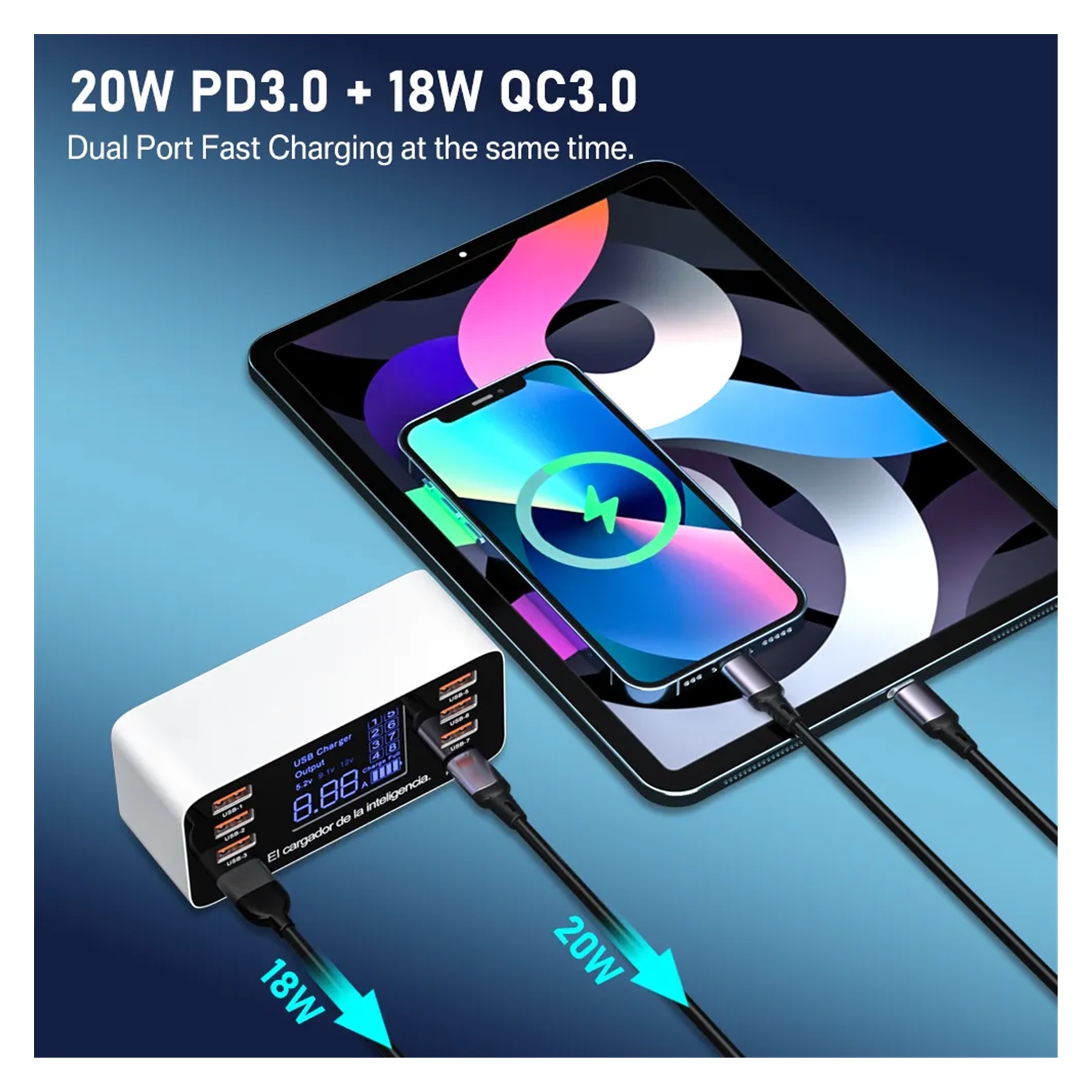 60W Quick Charge QC 3.0 4.0 USB Charger Adapter USB C Charger Phone Tablet Fast Charger ,Space-Saving
