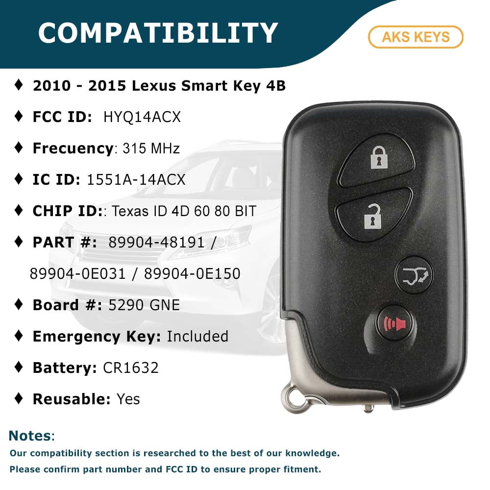 AKS KEYS Replacement for Lexus Smart Key 4 Buttons Fob That Uses FCC HYQ14ACX