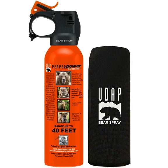 UDAP 12VHP Pepper Power Bear, Mountain Lion, Coyote, Moose and Canine Dog Spray with Hip Holster, 40 Foot Fog Spray Safety Orange, 7.9 oz, , Single pack.