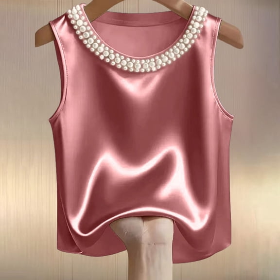 Women's Elegant Satin Tank Top - Pearl Embellished Round Neck Sleeveless Camisole, Solid Color Summer Top for Casual & Office Wear (S-XXL)