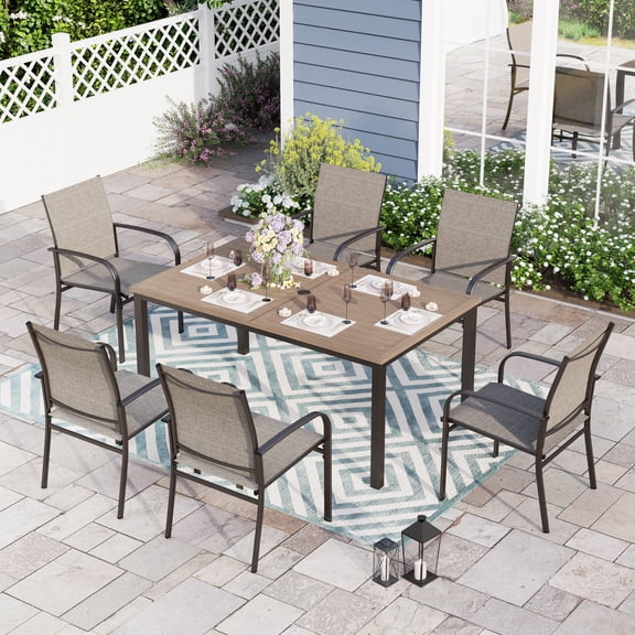 Sophia & William 7 Piece Patio Dining Set Teak Dining Table and 6 Brown Textilene Chairs