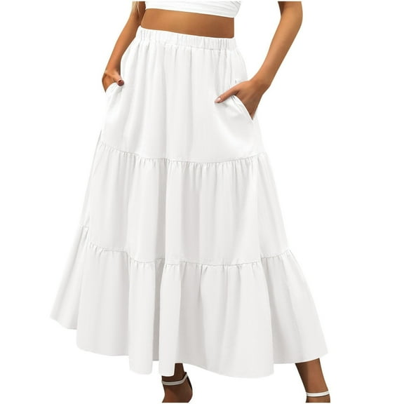 QHFBli Tiered Maxi Skirts for Women Trendy Summer Long Flowy Skirt Boho Beach Skirts with Pockets