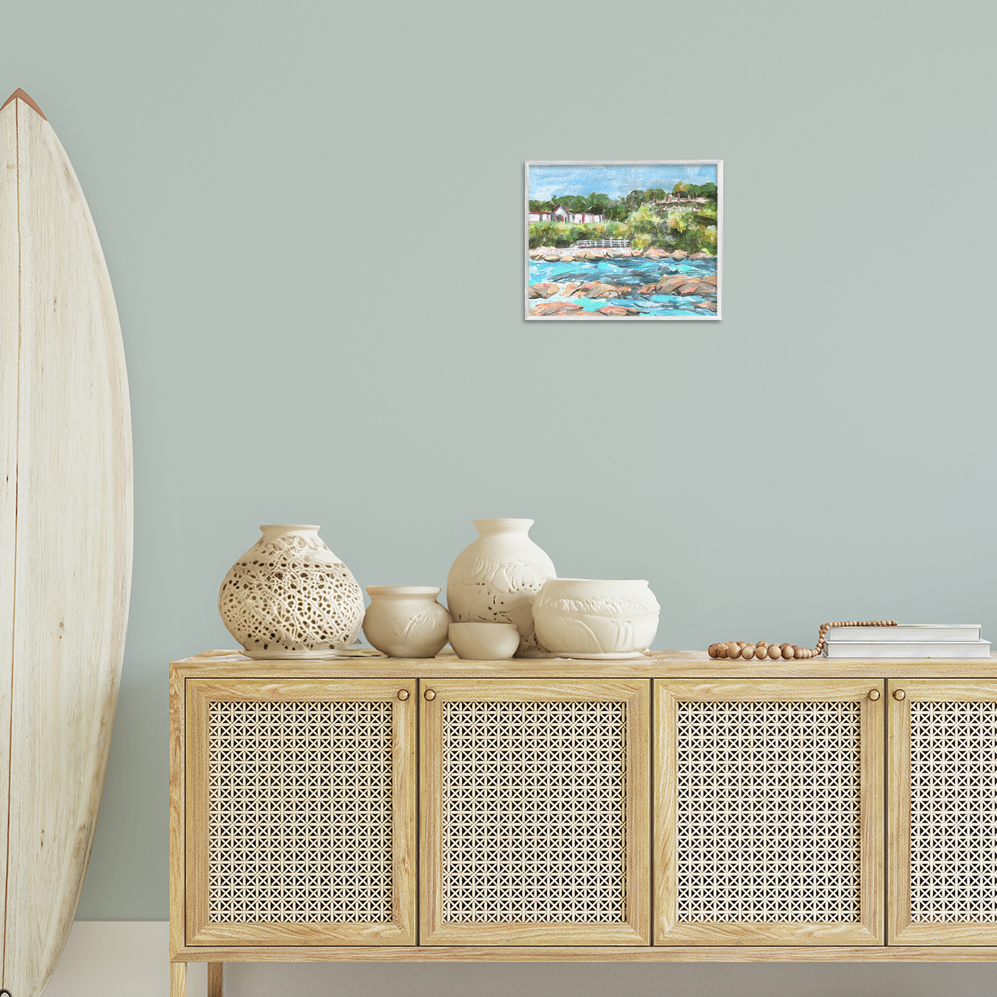 Stupell Industries Rocky Nautical Landscape Landscape Painting White Framed Art Print Wall Art, 14 x 11