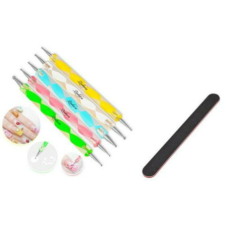 Zodaca 5pcs 2 Way Marbleizing Dotting Tools Painting Pen Nail Art Paint Tool+Nail Files Buffing Crescent Grit Sandpaper (2-in-1 Accessory (Best Way To Putty Nail Holes)