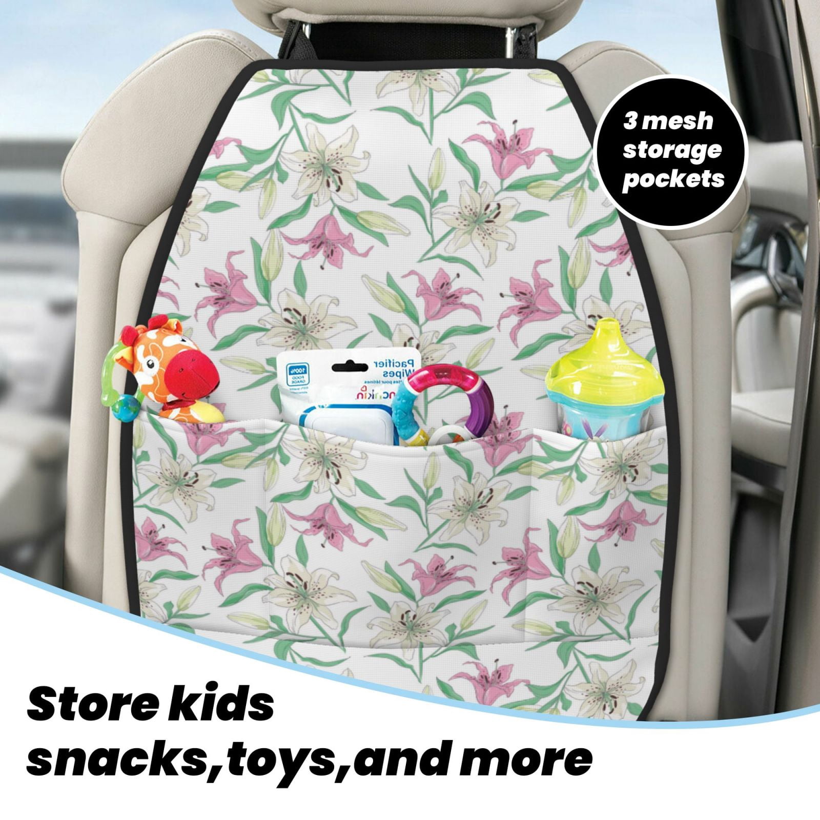 Kdxio Lilies Flowers Print 2 Pack Car Kick Mat Seat Cover Back Protector Mat with Pockets for Organizer Backseat Protector and Storage Anti Kick Pad for Vehicles