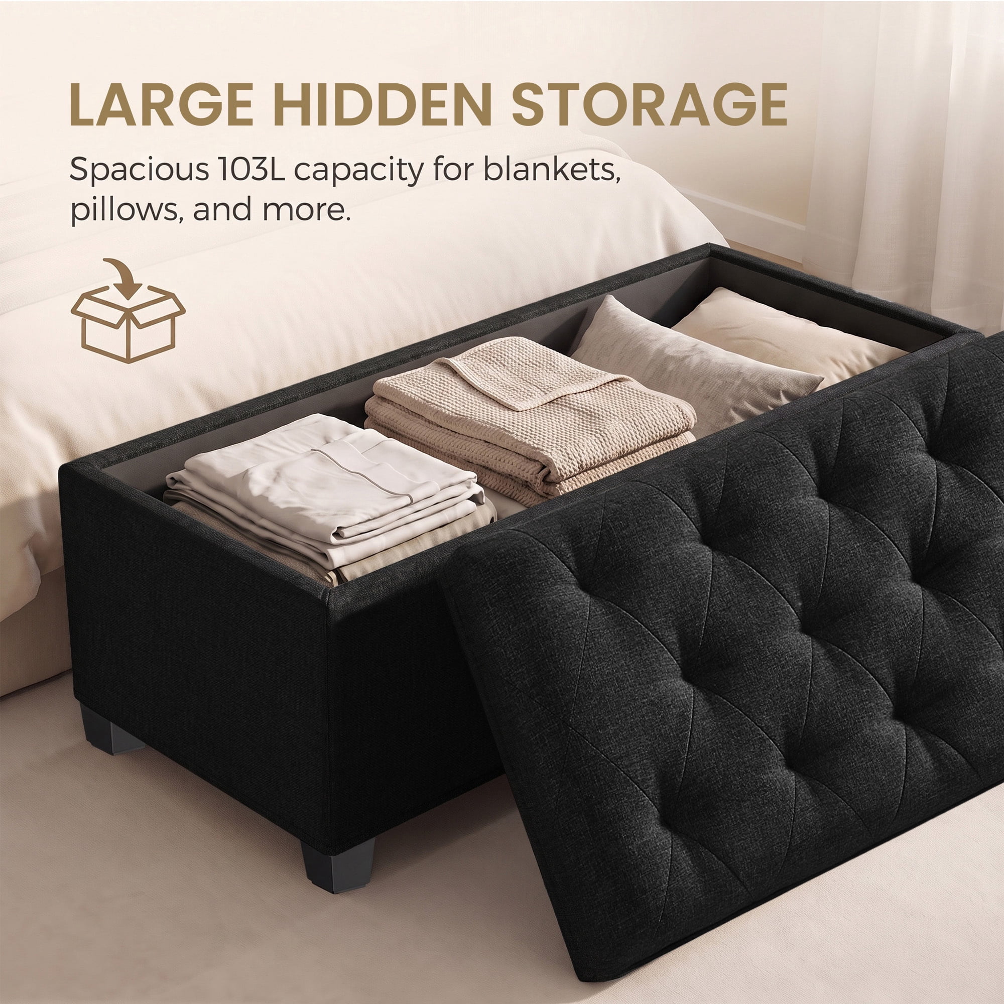 Ledrem Ink Black Storage Ottoman Bench, End of Bed Bench with Removable Cover, Large, Contemporary, Tufted
