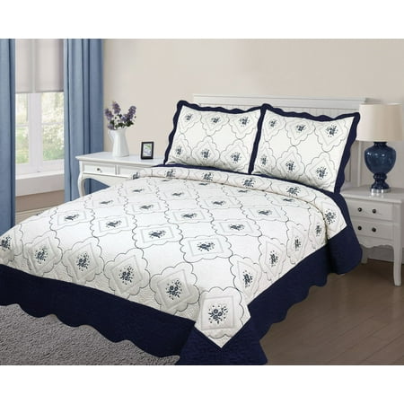 3PC Quilted Bedspread Cover Oversized Extra - Twin Size High Quality Embroidery Quilt - Navy (Best Quilt Covers Australia)