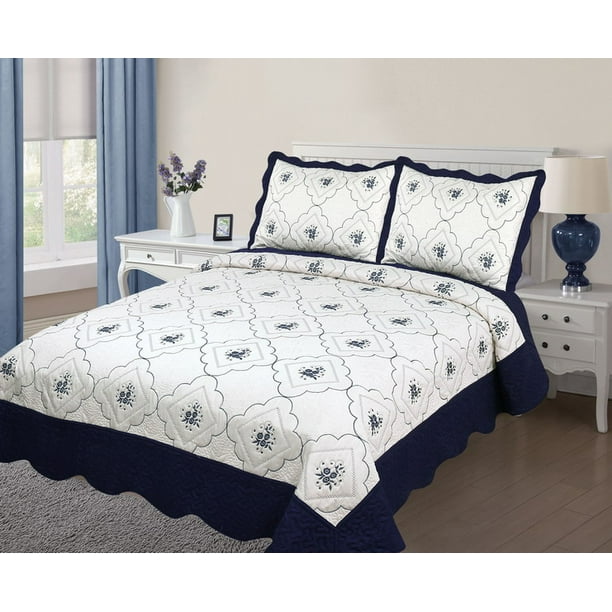 3pc Quilted Bedspread Cover Twin Size High Quality Embroidery Quilt Navy Blue Walmart Com Walmart Com
