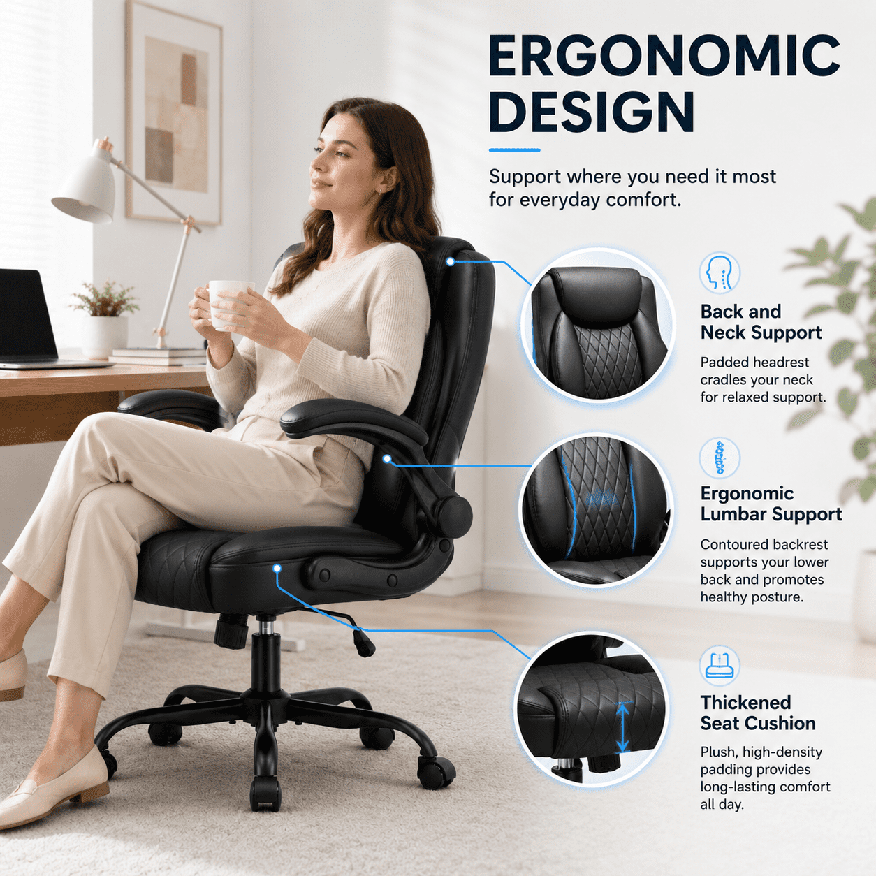 CloudRest Pro Office Chair, 400LBS Wide Seat Ergonomic Computer Desk Chair High Back Executive Leather Chair Adjustable Task Chair Lumbar Back, Black
