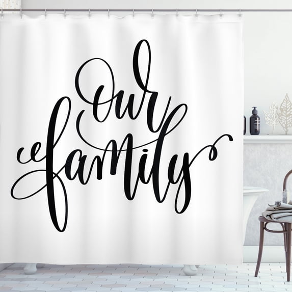 Family Shower Curtain, Our Family Calligraphy Hand-lettering Text Modern Monochrome Inscription, Fabric Bathroom Set with Hooks, 69W X 84L Inches Extra Long, Charcoal Grey White, by Ambesonne