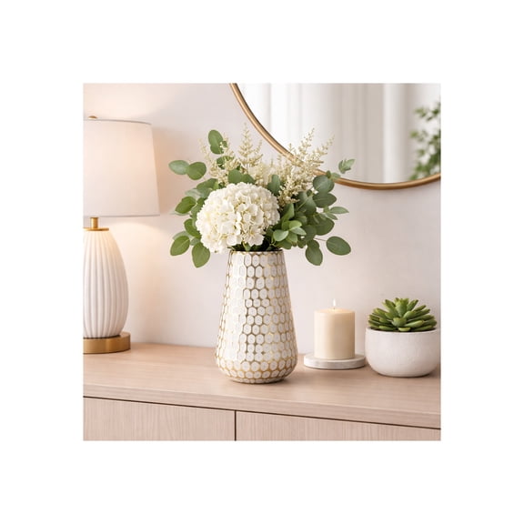 Tapered Vase for Living Room Decor - Modern Metal Flower Vase with Geometric Pattern for Home, Bedroom, House and Office Table Accents - Iron Decorative Display for Bathroom - 12", Gold & Metallic