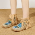 thumbnail image 3 of Boho Ethnic Fringe Boots for Women Winter Fall Casual Tassel Round Toe Flats Low Heel Mid Calf Ankle Booties Beige Size 6, 3 of 6