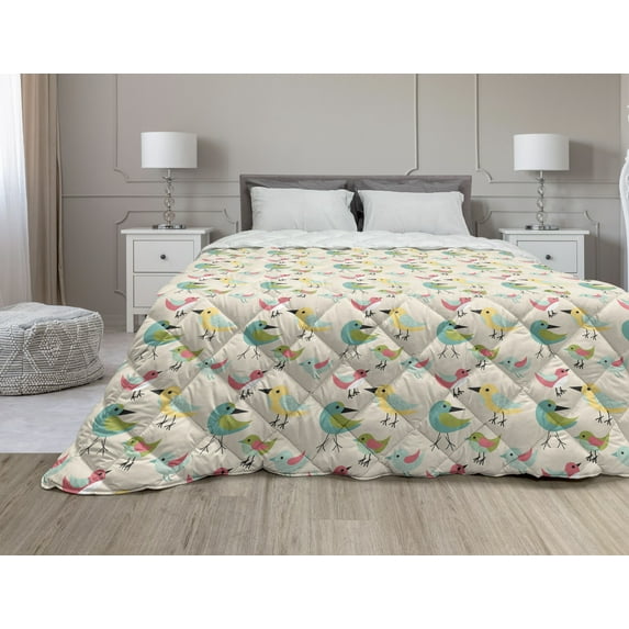 Bird Print Down Alternative Comforter, Monochrome Style Hummingbirds and Orchid Flowers Romantic Pattern, Microfiber Quilt for All Season, 5 Sizes, Black and White, by Ambesonne