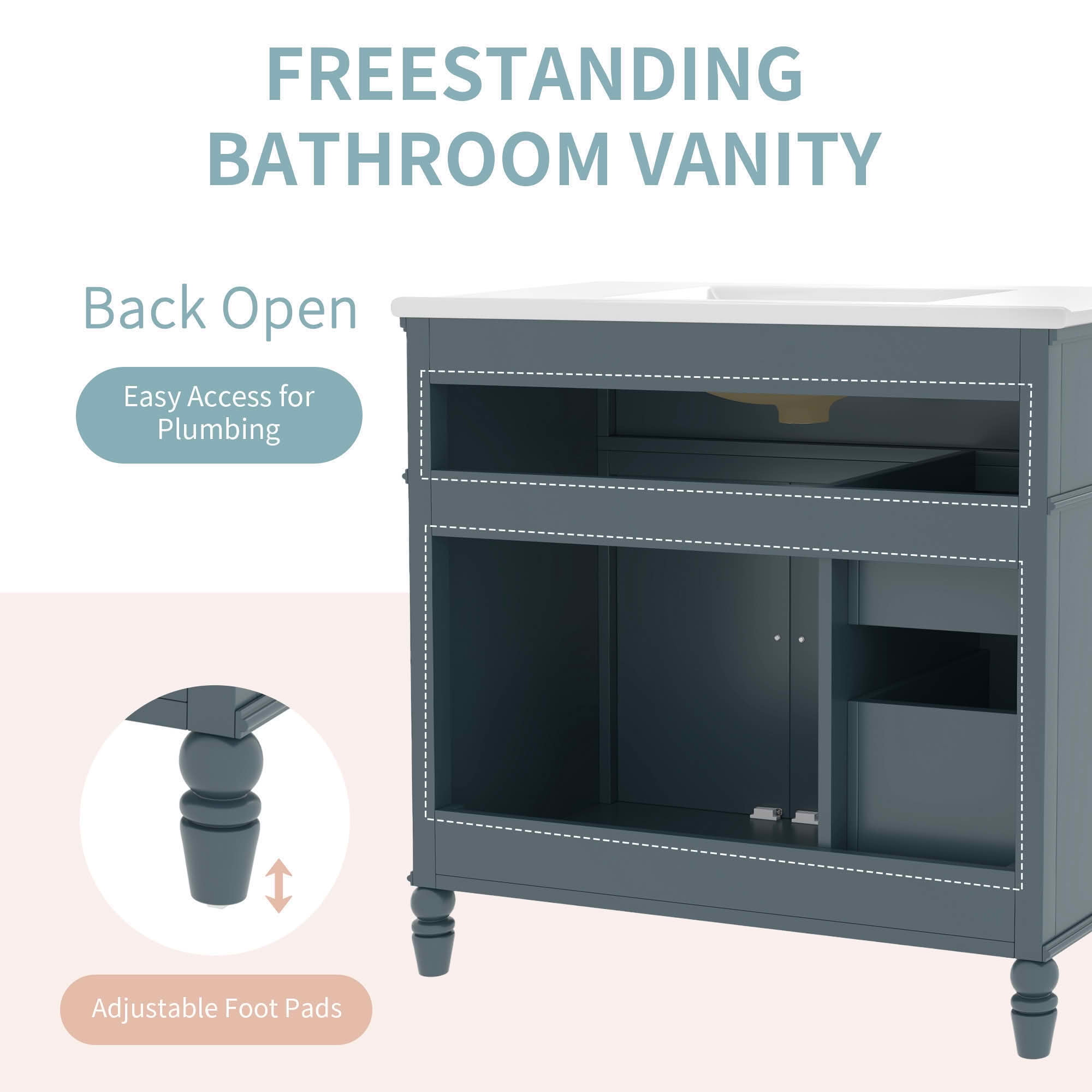 MAYEERTY 36" Bathroom Vanity with Sink Blue Cabinet Drawers Solid Frame MDF One Package