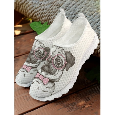 Funny Cartoon Pug Print Loafers Animal Print Summer Mesh Shoes Comfortable White Flat Shoes Women s Sneakers