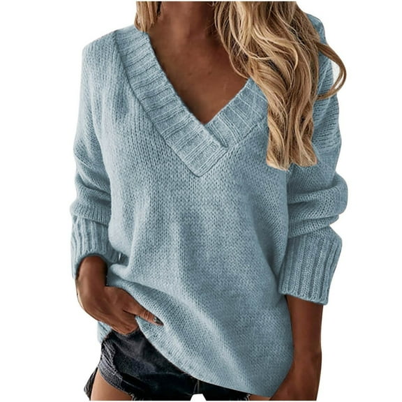 Women's Sweater V Neck Long Sleeve Solid Thin Cable Knit Pullover Top Blue XXL