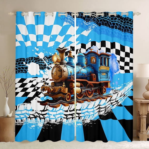 Castle Fairy Cool Steam Train Black Out Curtains for Boys, Retro Locomotive Graphic Curtains Pack of 2 (42x63 Each) for Modern Room, Blue