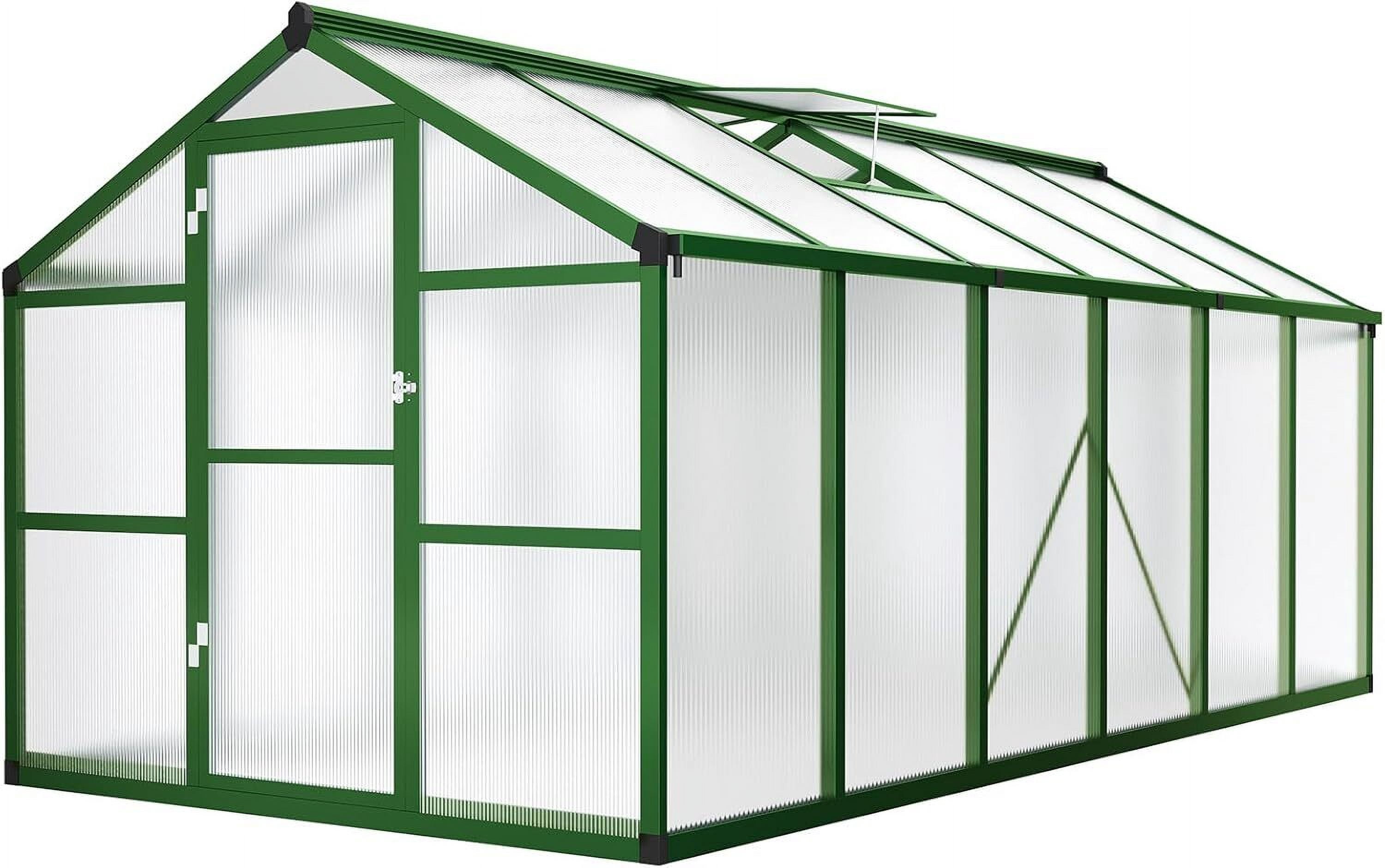 Green 8ftx12ft Outdoor Greenhouse, Polycarbonate Greenhouse with Roof Vents, Heavy Duty Aluminum Greenhouse, Easy to Install, Walk-in Greenhouse for Garden, Backyard, Patio, Lawn