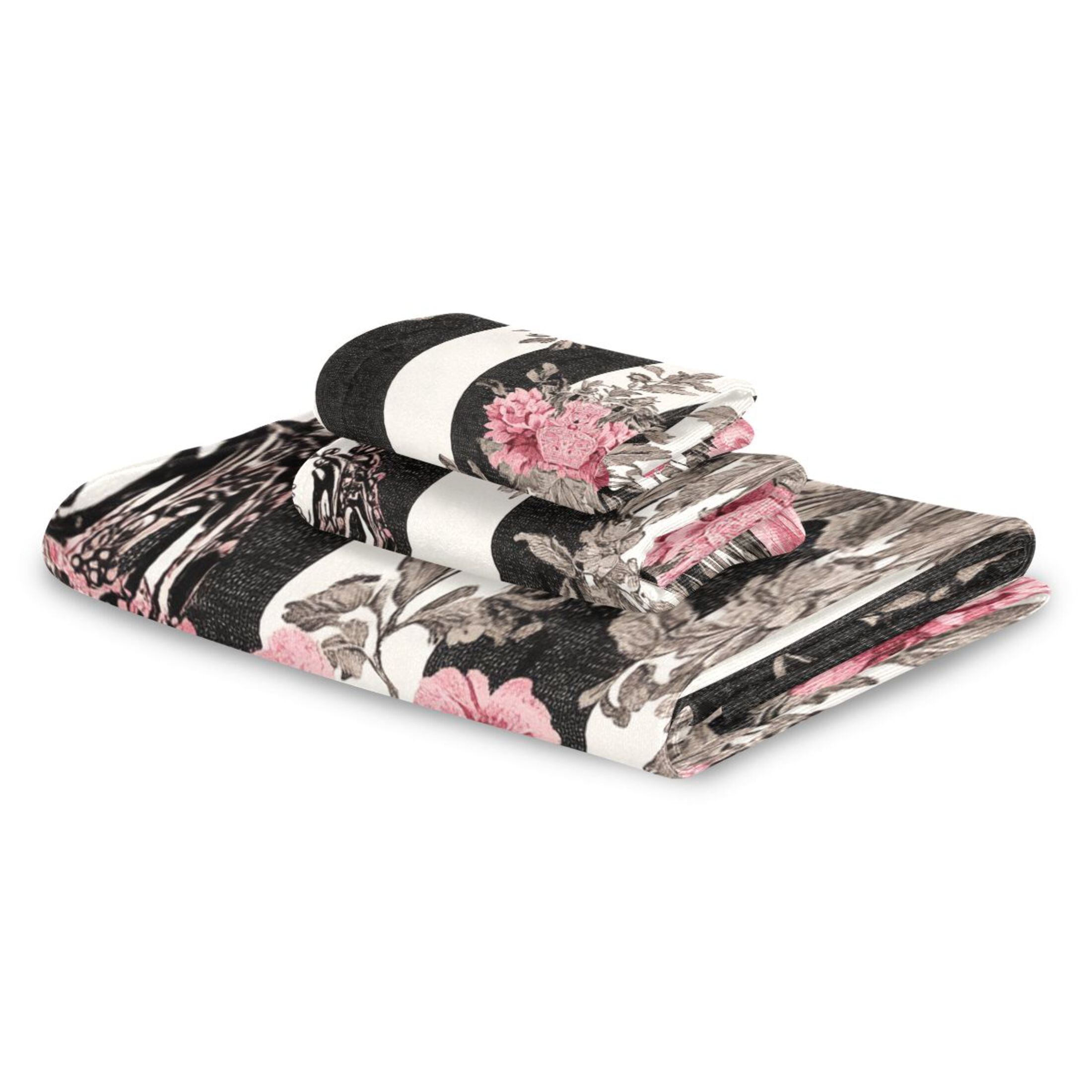 BZSMCE 3piece Bath Towel Sets Hand Bath Towels Fashion Black White Stripes Pink Roses Printed Towel Sets
