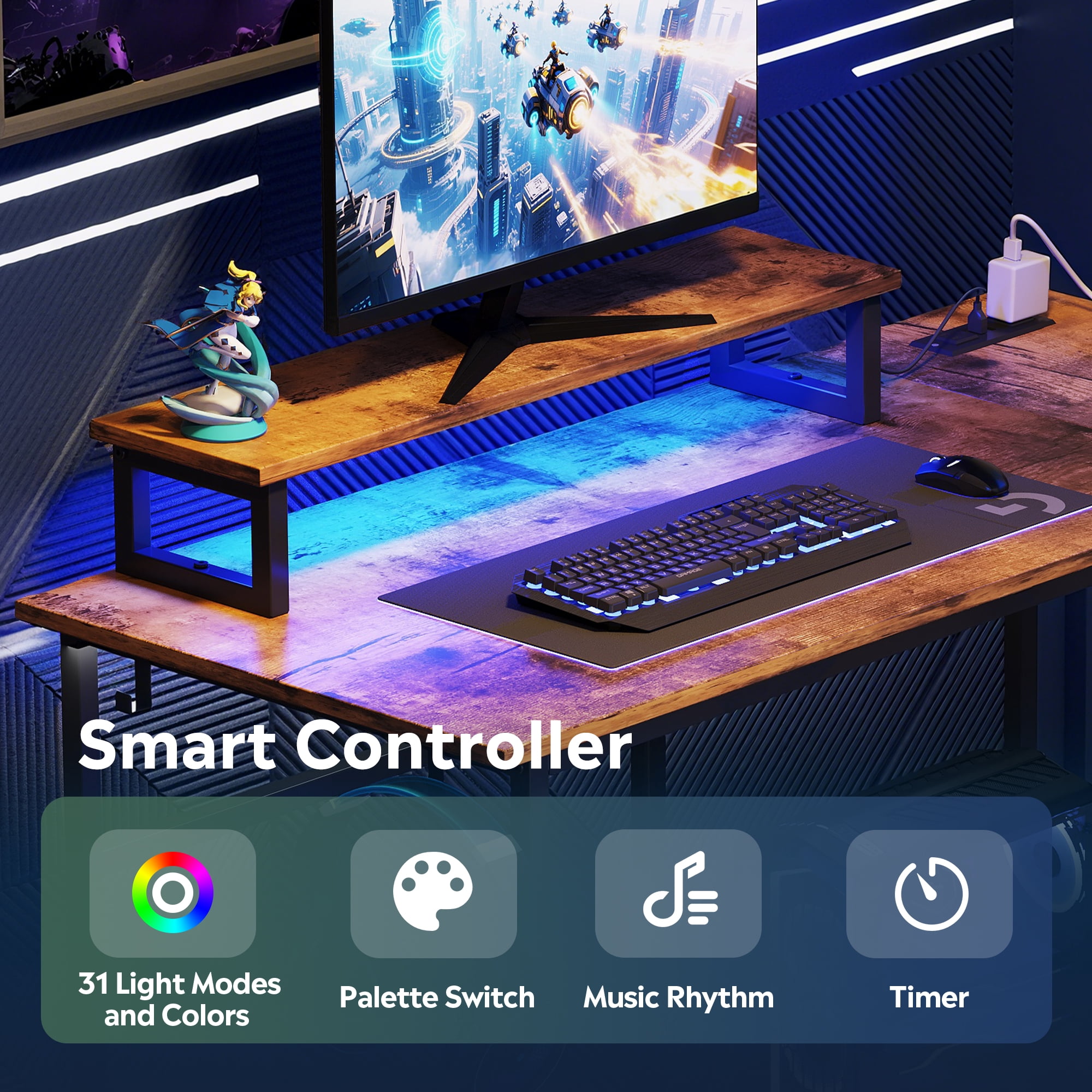 GALAXHERO 43 Inch L Shaped Gaming Desk with LED Lights & Power Outlets, Corner Desk for Small Spaces, Sturdy PC Computer Table with Storage for Home Office, Rustic Brown