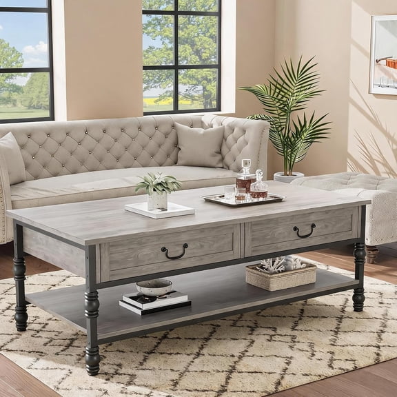 41" Vintage Coffee Table with 2 Drawers, Wood Center Table with Open Storage Shelf, Living Room Office Cocktail Table, Gray