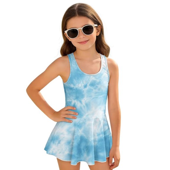 Renewold Girl Bathing Suit 1 Piece Sleeveless Swimsuit with Shorts for Girls Stretch Girls Swimsuit with Skirt Comfortable Swimwear for Pool Swimsuit Size 3-4, Blue White Tie Dye Print